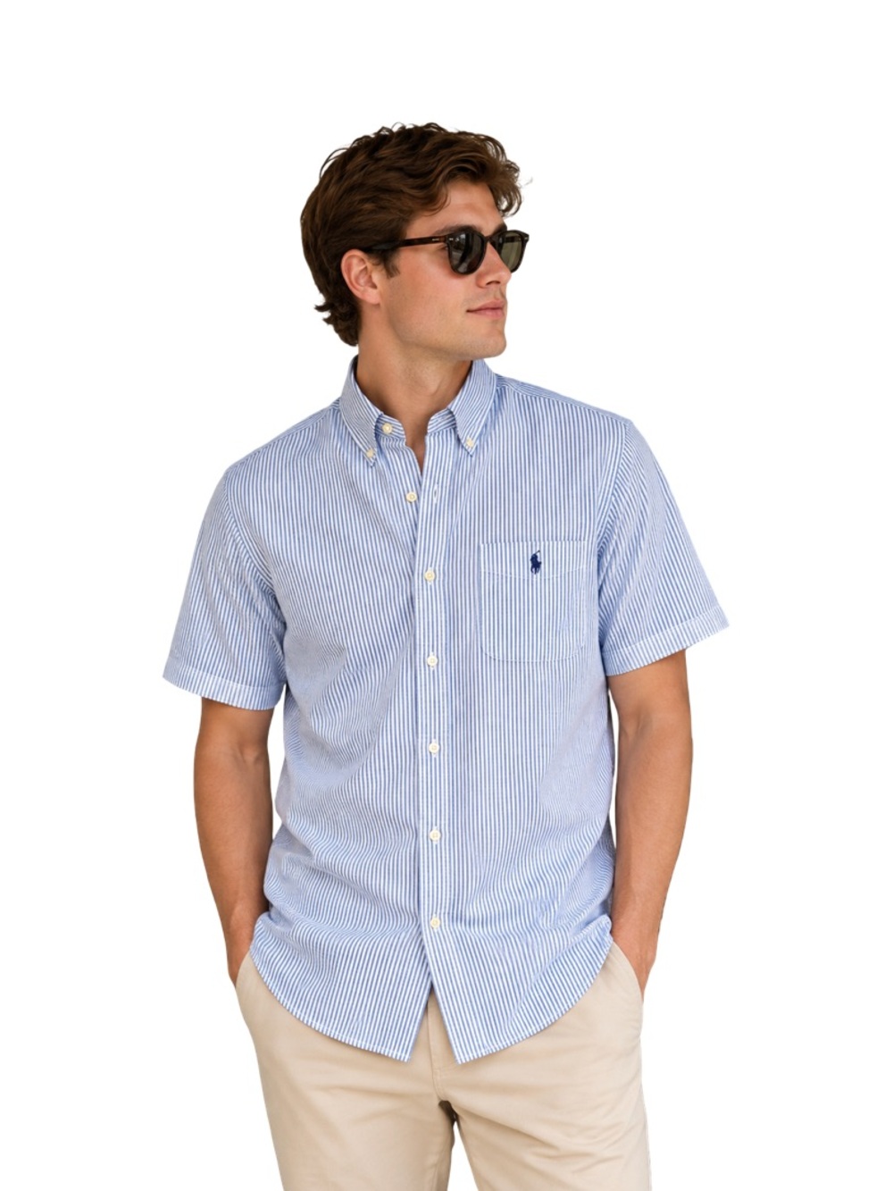 Polo by Ralph Lauren Light Blue and White Striped Short-Sleeve Button-Down Shirt